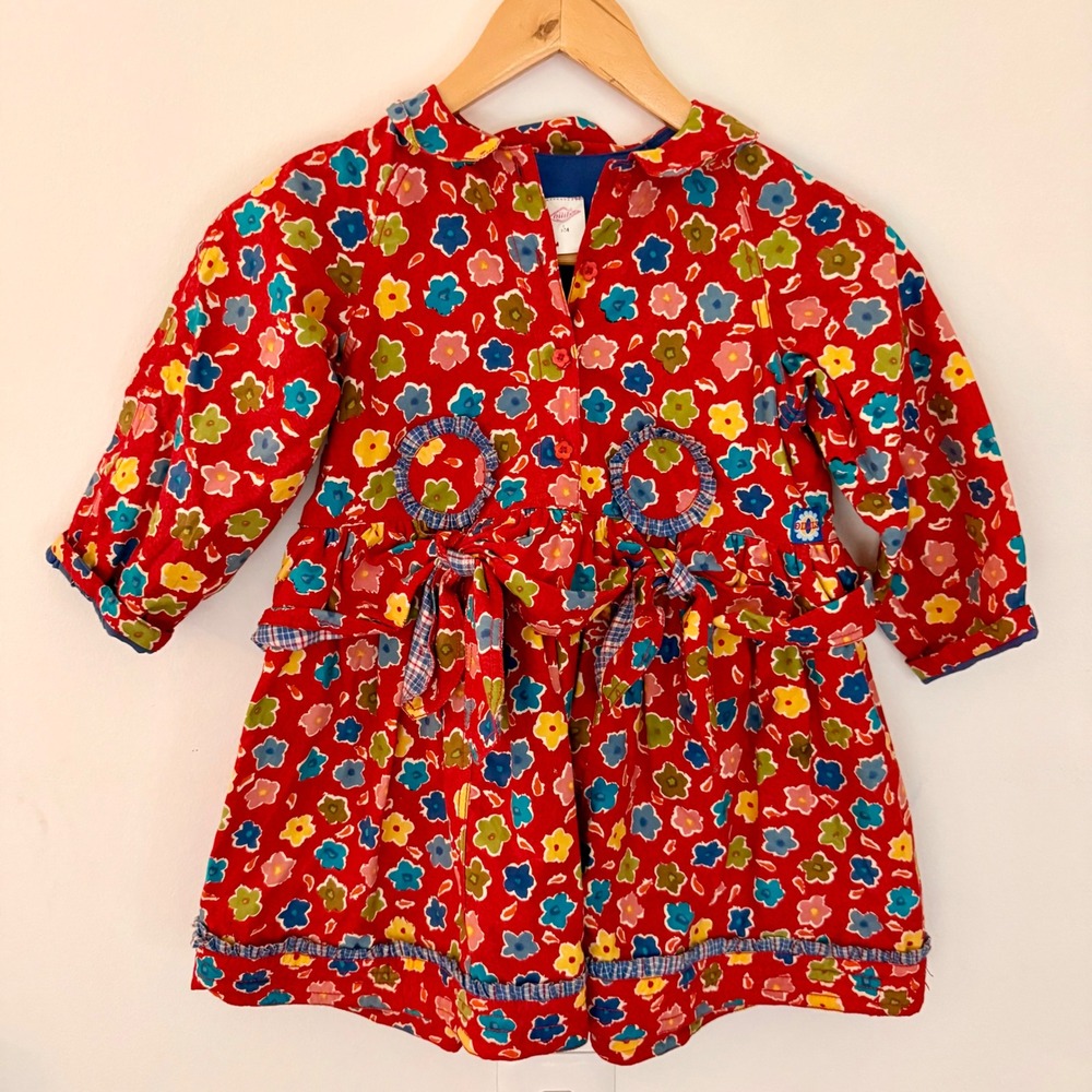 Oilily Vintage 90s Girls Red Floral Cotton Dress Peter Pan Collar Size 104 3-4T